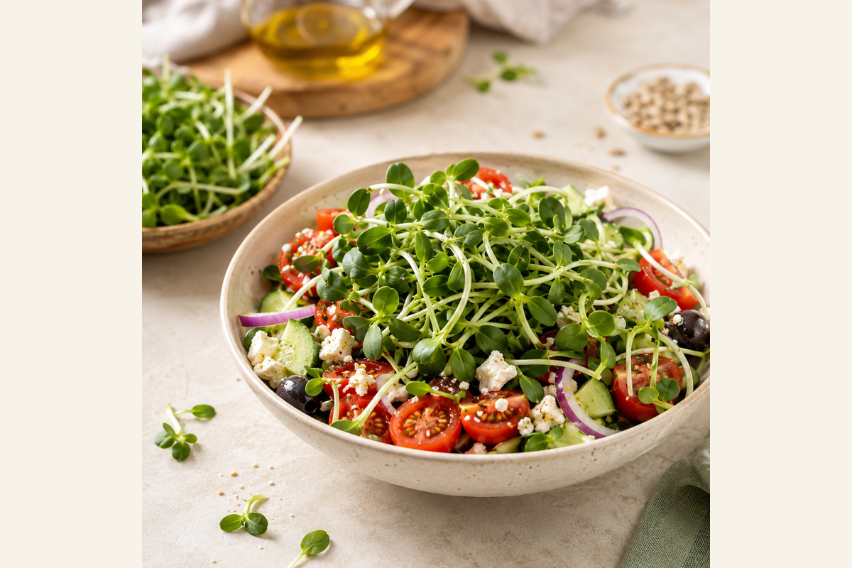 A fresh meal finished with Kibo Bowl microgreens